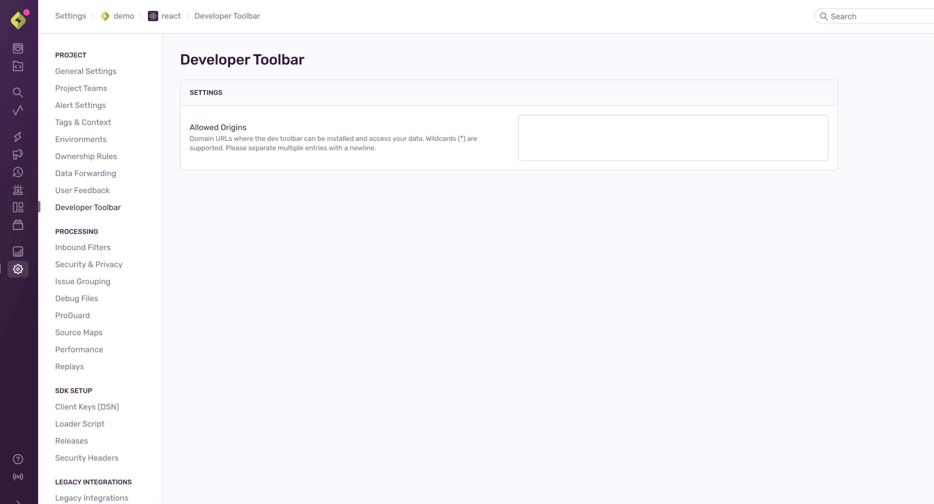 Sentry's Dev Toolbar Settings Page